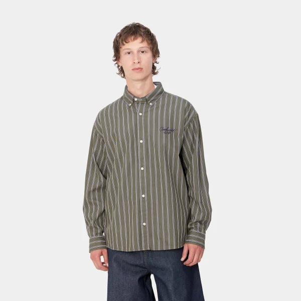 Clearance Carhartt WIP L/S Signature Shirt Betz Stripe, Office Green / Aura