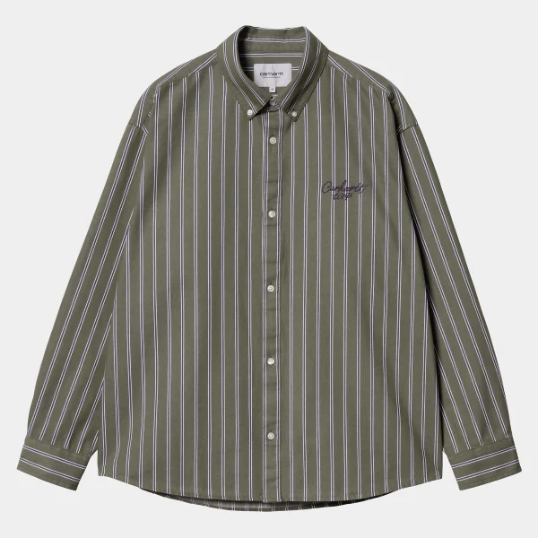 Clearance Carhartt WIP L/S Signature Shirt Betz Stripe, Office Green / Aura