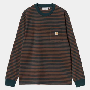 New Carhartt WIP L/S Verner Pocket T-Shirt Verner Stripe, Duck Blue / Offroad