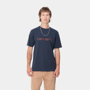 Discount Carhartt WIP S/S Script T-Shirt Air Force Blue / Malbec